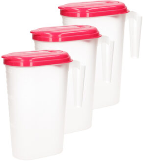 3x stuks waterkan/sapkan transparant/fuschia roze met deksel 1.6 liter kunststof