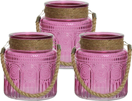 3x stuks windlichten/lantaarns relief - glas - D14 x H16 cm - fuchsia roze - Windlichten