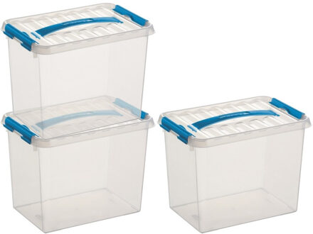 3x Sunware Q-Line opberg boxen/opbergdozen 9 liter 30 x 20 x 22 cm kunststof - Opslagbox - Opbergbak kunststof transparant/blauw