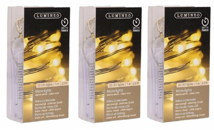 3x Timer draadverlichting zilver 20 warm witte lampjes - 95 cm - Microverlichting warm wit lichtsnoer