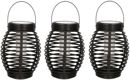 3x Tuindecoratie solar lantaarns lampen zwart met vlam effect 19 cm - Lantaarns