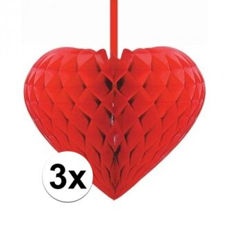 3x Valentijn hartjes - 3x Rode decoratie ophang hartjes versiering van 15 cm