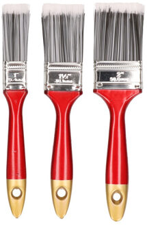 3x Verfkwasten plat synthetisch - Verf/schilder kwasten - met rood houten handvat