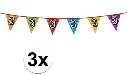 3x Vlaggenlijn 3 jaar feestje - Vlaggenlijnen Multikleur
