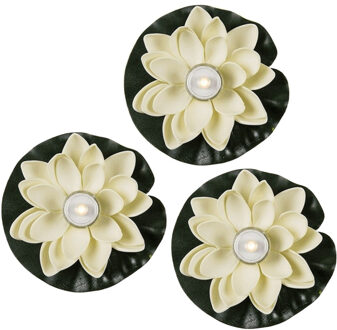 3x waterlelie met led-licht - wit - d13 cm - kunststof - drijvend - werkt op batterijen