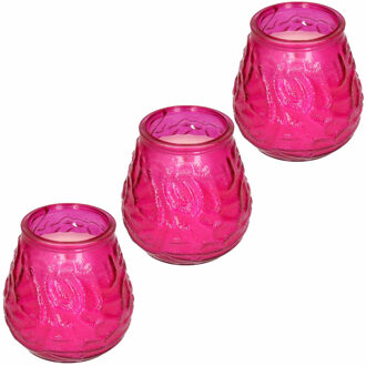 3x Windlicht geurkaars citronella tegen muggen roze glas - Geurkaarsen citrus geur - Glazen lantaarn - Anti-muggen citronella