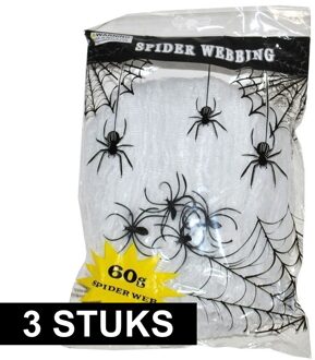 3x Wit spinnenweb met spinnen 60 gr - Halloween/horror thema decoratie