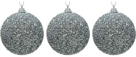 3x Zilveren glitter kralen kerstballen 8 cm kunststof