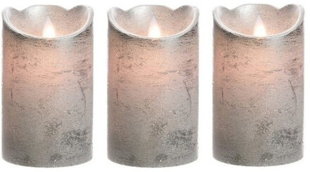 3x Zilveren LED kaarsen/stompkaarsen 12 cm flakkerend