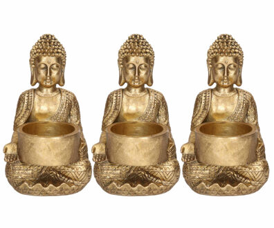 3x Zittende Boeddha waxinelichthouder goud 14 cm - Woondecoratie/woonaccessoires - Decoratiebeeldjes - Waxinelicht/kaars/theelicht houders - Boeddhabeelden voor in huis