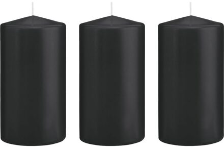 3x Zwarte cilinderkaarsen/stompkaarsen 8 x 15 cm 69 branduren
