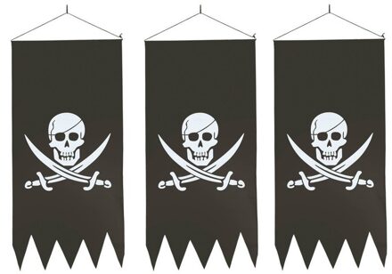 3x Zwarte piraten vlag met doodskop 86 cm - Piraten vlaggen - Piraat thema versiering horror/Halloween/Carnaval
