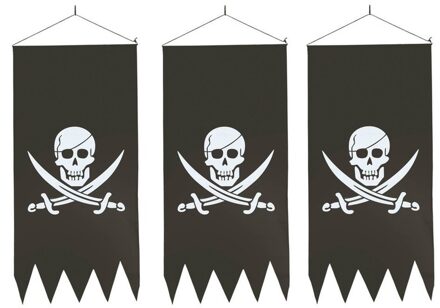 3x Zwarte piraten vlaggen met doodskop 86 cm