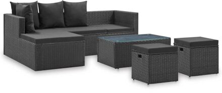 4-delige Loungeset met kussens poly rattan zwart