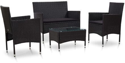 4-delige Loungeset met kussens poly rattan zwart