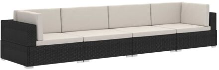 4-delige Loungeset met kussens poly rattan zwart