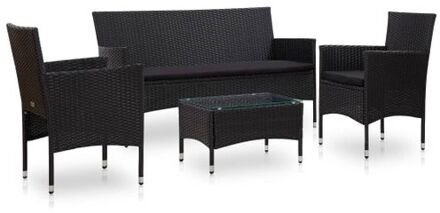 4-delige Loungeset met kussens poly rattan zwart