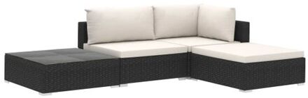 4-delige Loungeset met kussens poly rattan zwart