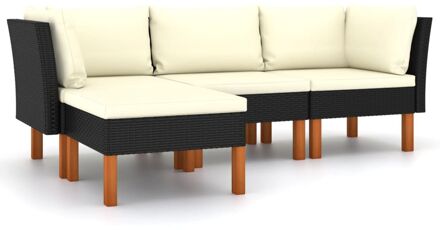 4-delige Loungeset met kussens poly rattan zwart