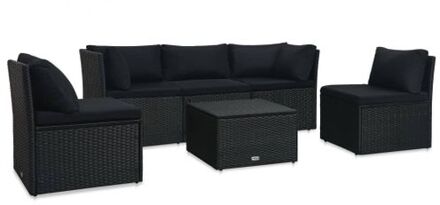 4-delige Loungeset met kussens poly rattan zwart