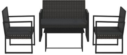 4-delige Loungeset met kussens poly rattan zwart