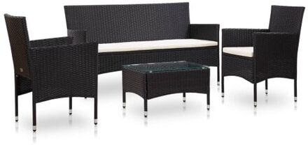 4-delige Loungeset met kussens poly rattan zwart