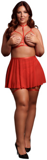 4-delige set met beha, slipje, dubbele band kousenband en peek-a-boo mesh rok - Plus Size - Rood
