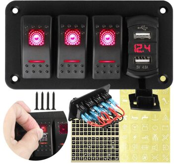 4 Gang Toggle Rocker Switch Panel Met Usb Voor Auto Boot Marine Rv Truck Rode Led