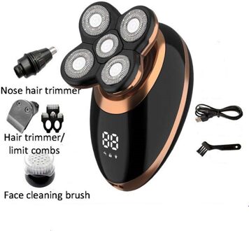 4 In 1 4D Mannen Oplaadbare Bald Head Elektrische Scheerapparaat 5 Scheerhoofden Baard Neus Oorhaar Trimmer Scheermes clipper Facial Brush Goud