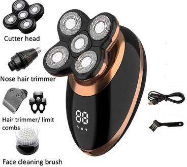 4 In 1 4D Mannen Oplaadbare Bald Head Elektrische Scheerapparaat 5 Scheerhoofden Baard Neus Oorhaar Trimmer Scheermes clipper Facial Brush zwart