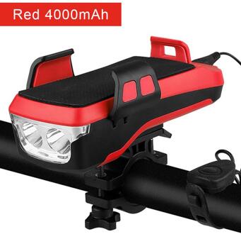4 In 1 Multifunctionele Bike Light Led 2400/4000 Amh Usb Oplaadbare Fiets Koplamp Mobiele Telefoon Beugel Hoorn Mobiele Power 4000 mAh rood