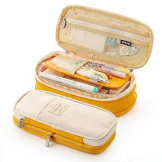 4 Kleur Grote Capaciteit Etui Canvas Stretch Dubbele Laag Cosmetische Bag Pen Box Pouch Case School Office Stationair geel