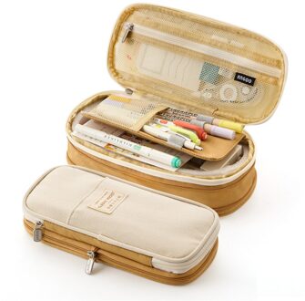 4 Kleur Grote Capaciteit Etui Canvas Stretch Dubbele Laag Cosmetische Bag Pen Box Pouch Case School Office Stationair khaki