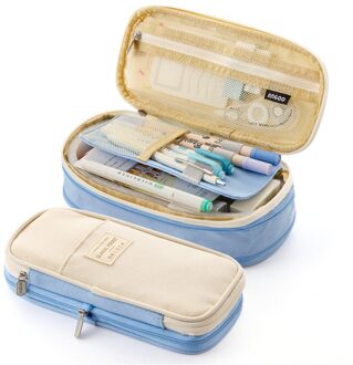 4 Kleur Grote Capaciteit Etui Canvas Stretch Dubbele Laag Cosmetische Bag Pen Box Pouch Case School Office Stationair licht blauw