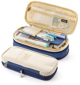 4 Kleur Grote Capaciteit Etui Canvas Stretch Dubbele Laag Cosmetische Bag Pen Box Pouch Case School Office Stationair marine