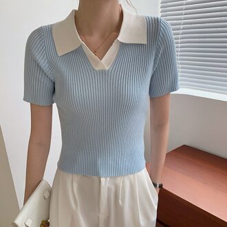 4 Kleuren Vrouwen Zomer Polo Kraag Gebreide Trui Koreaanse Mode Vrouwelijke Korte Mouwen Slanke T-shirt Vrouwen Kleding Blauw