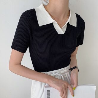 4 Kleuren Vrouwen Zomer Polo Kraag Gebreide Trui Koreaanse Mode Vrouwelijke Korte Mouwen Slanke T-shirt Vrouwen Kleding zwart