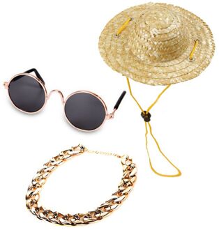 4 Pcs Cool Pet Hond Kat Kostuum Zonnebril Ketting Kraag Stro Hoed Tie Set