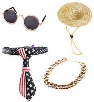 4 Pcs Cool Pet Hond Kat Kostuum Zonnebril Ketting Kraag Stro Hoed Tie Set