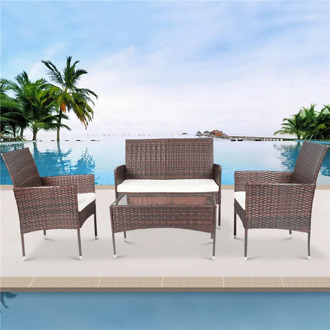 4 Pcs Rattan Patio Furniture Sets Wicker Conversation Garden Lawn Outdoor Sofa Cushioned Seat Tempered Glass Table Top