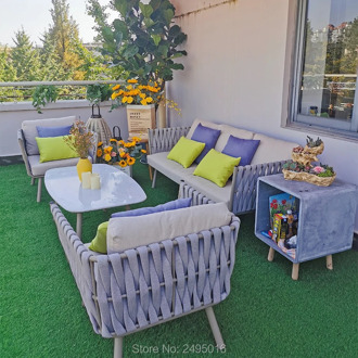 4 pcs Rope and aluminum Patio Outdoor Furniture Set Garden Lawn Sofa Sectional Set with cushion ,coffee table