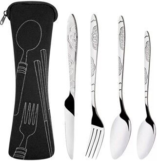 4 Pcs Rvs Messen Vork Lepel Familie Reizen Camping Bestek Eyeful Voor Camping Outdoor Picknick Mini Servies Set