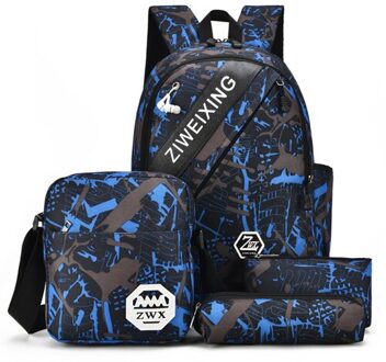 4 Pcs Schooltassen Hoge Capaciteit Rugzakken Leuke Camouflage Afdrukken Nylon Schooltas Tiener Waterdichte School Rugzak Mochila blauw