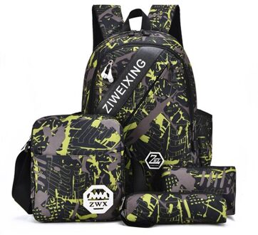 4 Pcs Schooltassen Hoge Capaciteit Rugzakken Leuke Camouflage Afdrukken Nylon Schooltas Tiener Waterdichte School Rugzak Mochila groen