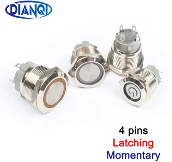 4 pin 16mm 19mm 22mm metal short push button switch waterproof latching/momentary 12V 24V 3V 6V 110V 220V small for Car