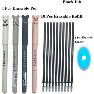 4 + 10 Stuks Dieren Uitwisbare Pen 0.35 Mm Leuke Panda Kat Pennen Wasbare Handvat Gel Pen 0.35 Mm Vulling staven School Kawaii Briefpapier 14 stk zwart Ink