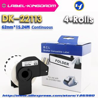 4 Rolls Compatibel DK-22113 Label 62mm * 15.24M Continu Compatibel voor Brother Label Printer Half Transparant Materiaal