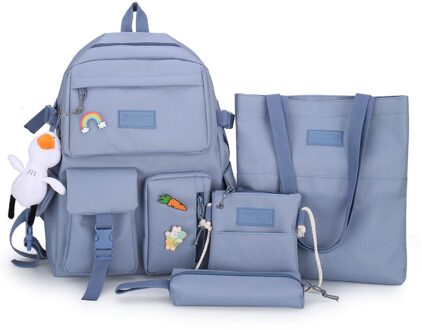 4 Sets/stuks Vrouw Laptop Rugzak School Rugzakken Leuke Schooltas Voor Tieners Meisjes Student Boek Tas Vrouwelijke Satchel Kawaii blauw / nee eend pendant
