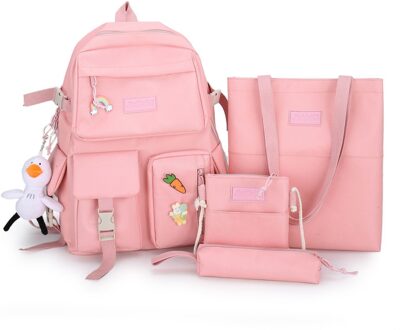 4 Sets/stuks Vrouw Laptop Rugzak School Rugzakken Leuke Schooltas Voor Tieners Meisjes Student Boek Tas Vrouwelijke Satchel Kawaii roze / met eend pendant