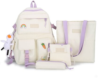 4 Sets/stuks Vrouw Laptop Rugzak School Rugzakken Leuke Schooltas Voor Tieners Meisjes Student Boek Tas Vrouwelijke Satchel Kawaii wit / met eend pendant
